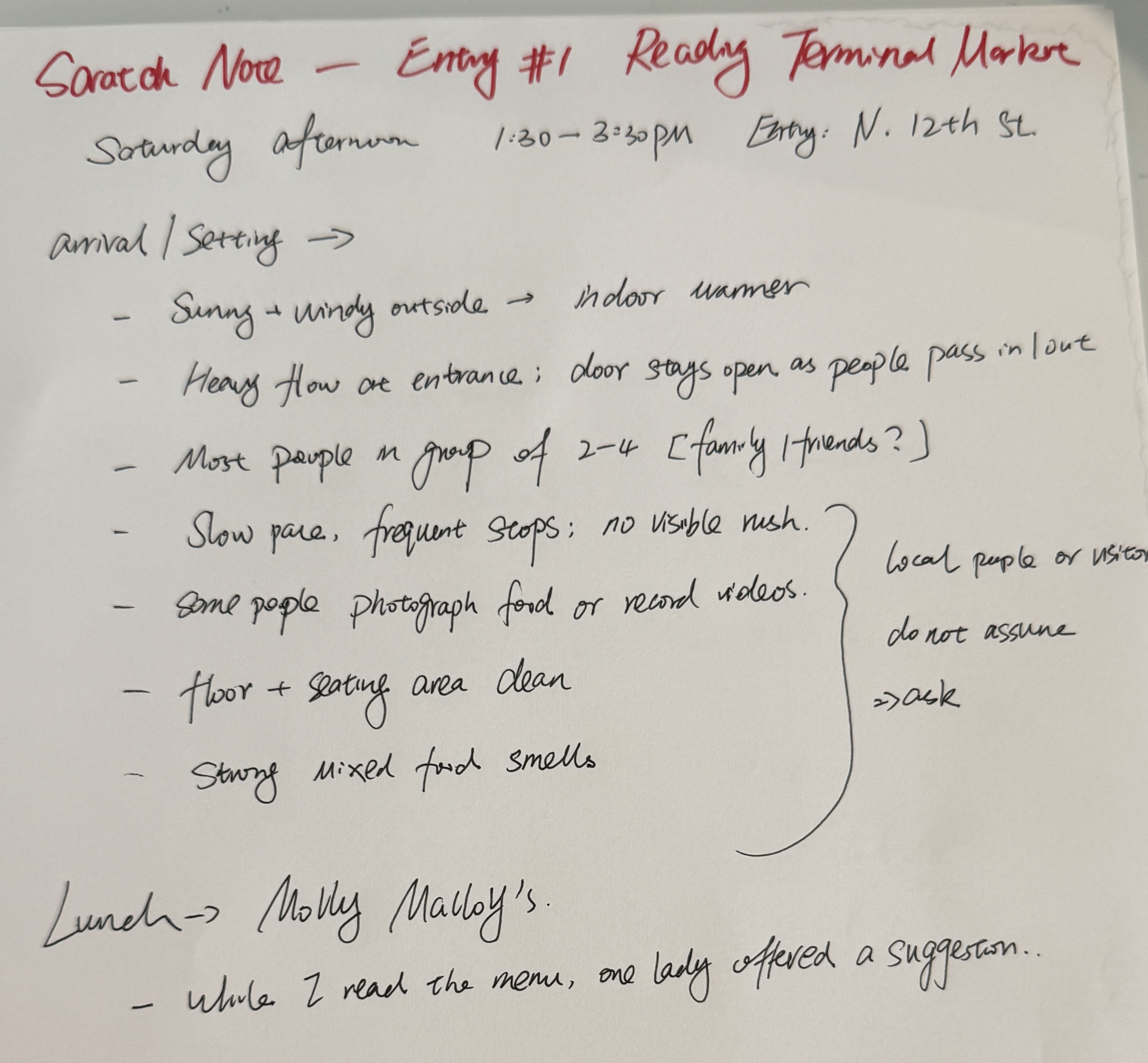 Kaia's handwritten field notes from her first Reading Terminal Market observation