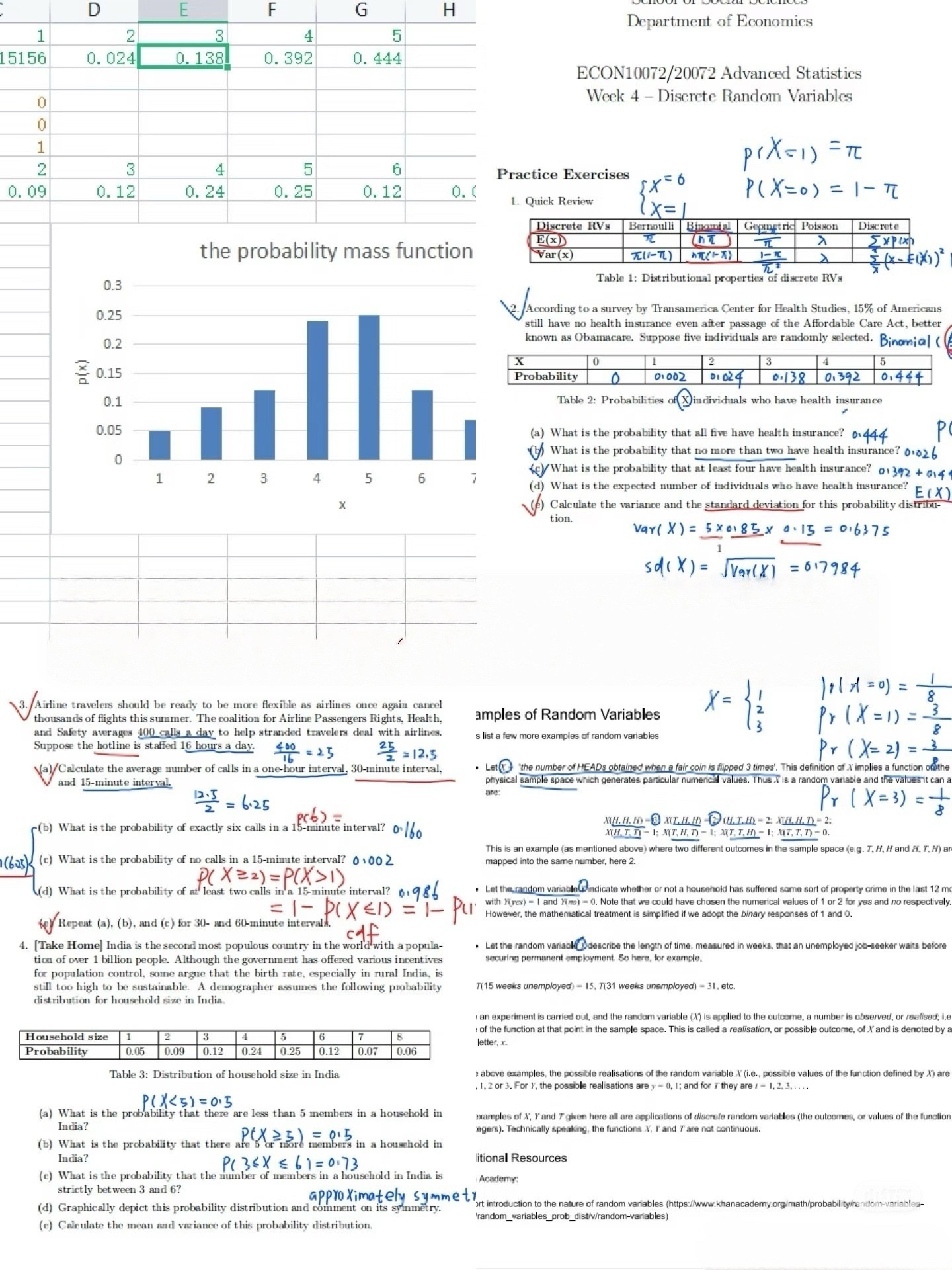 Kaia's annotated quantitative methods coursework with probability exercises and an Excel chart