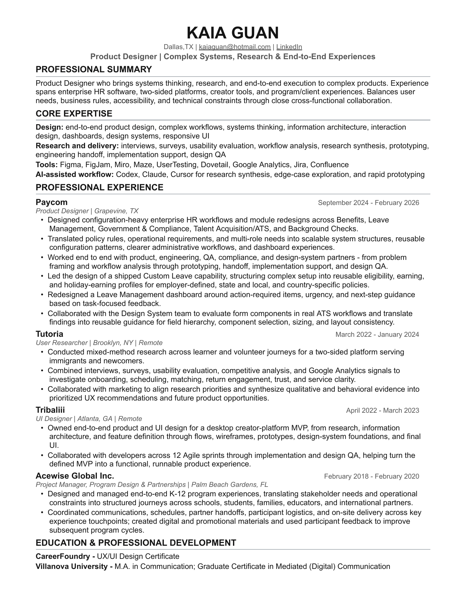 Kaia Guan's one-page product designer resume