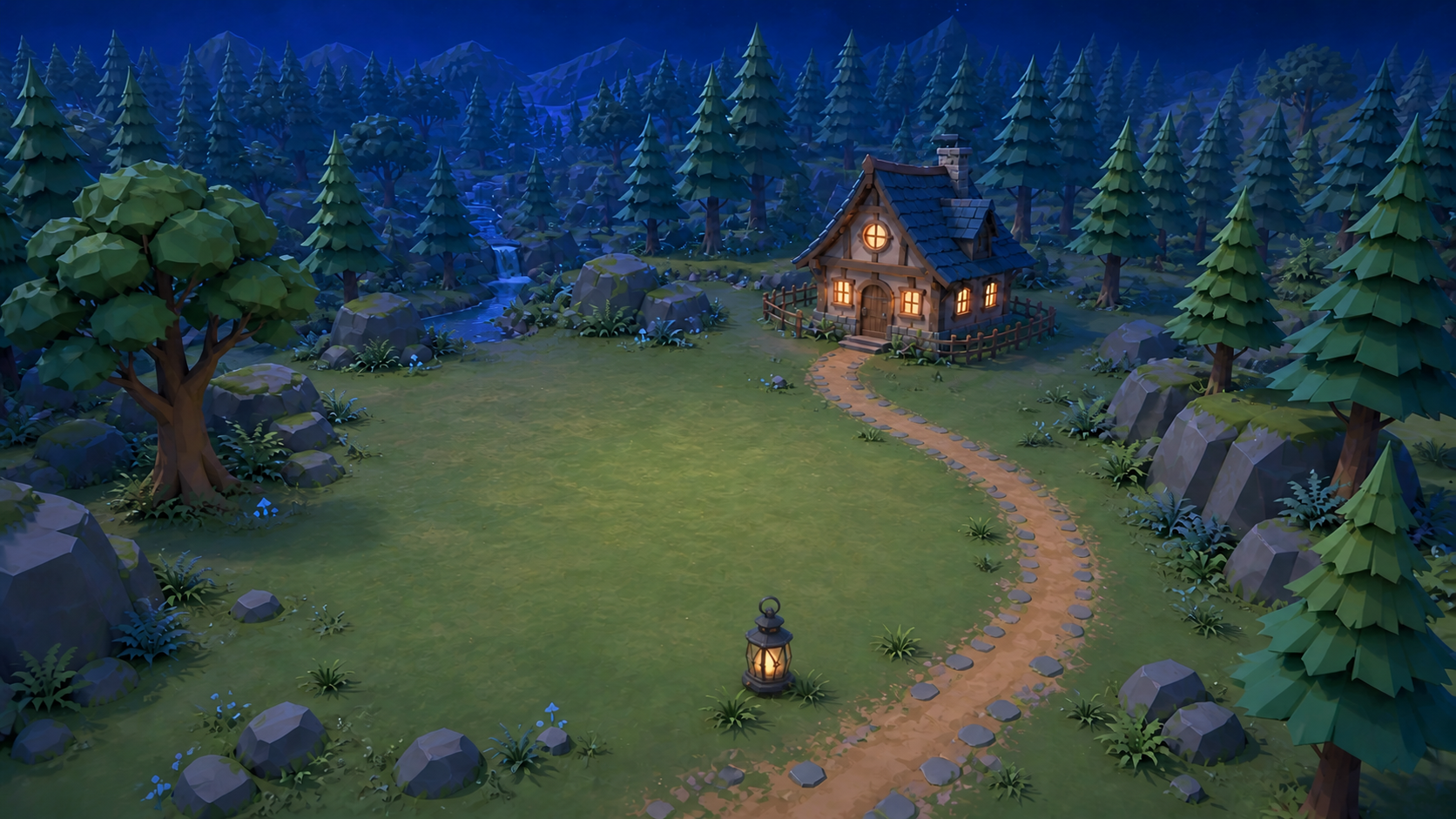 Moonlit Forest with a placed Glass Lantern