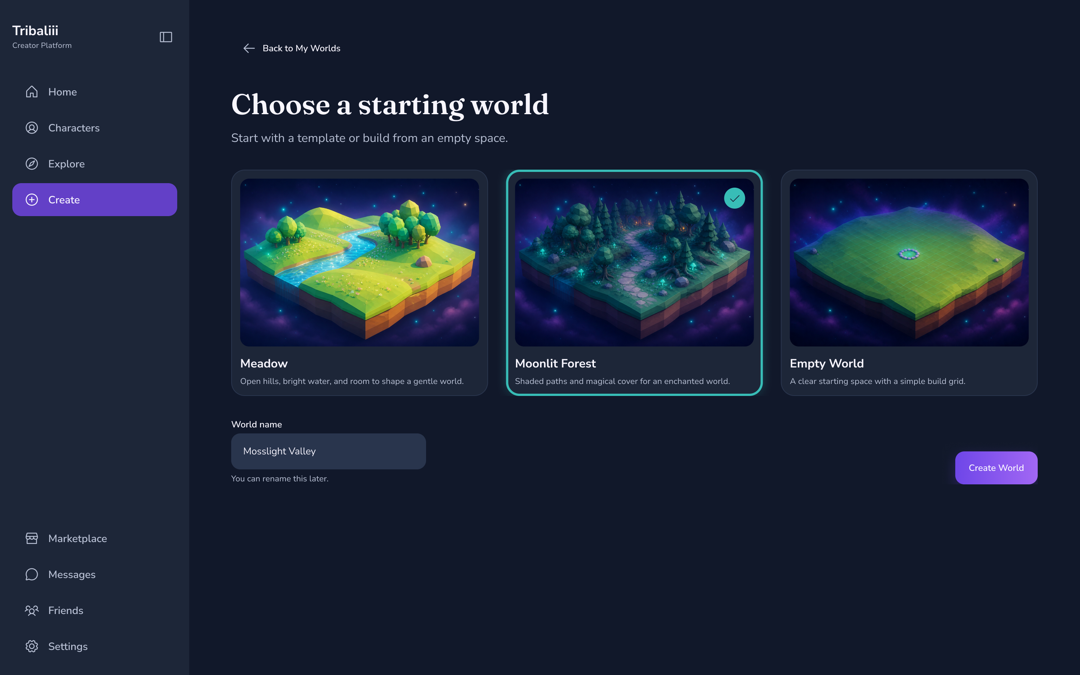 Choose a Starting World within the persistent Tribaliii platform navigation