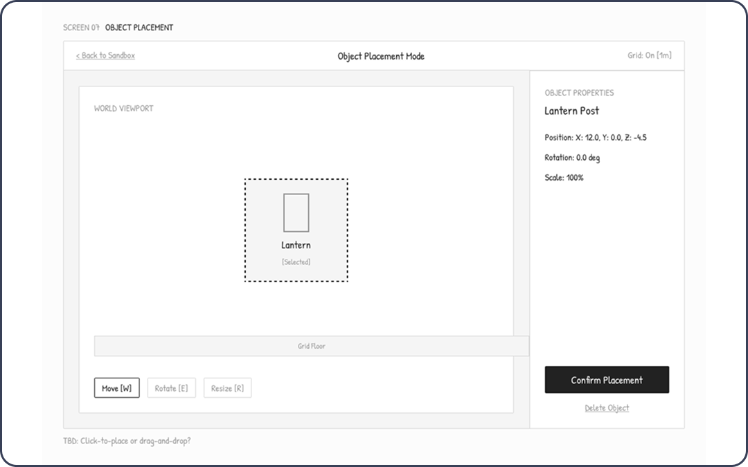 Early wireframe for object placement and properties