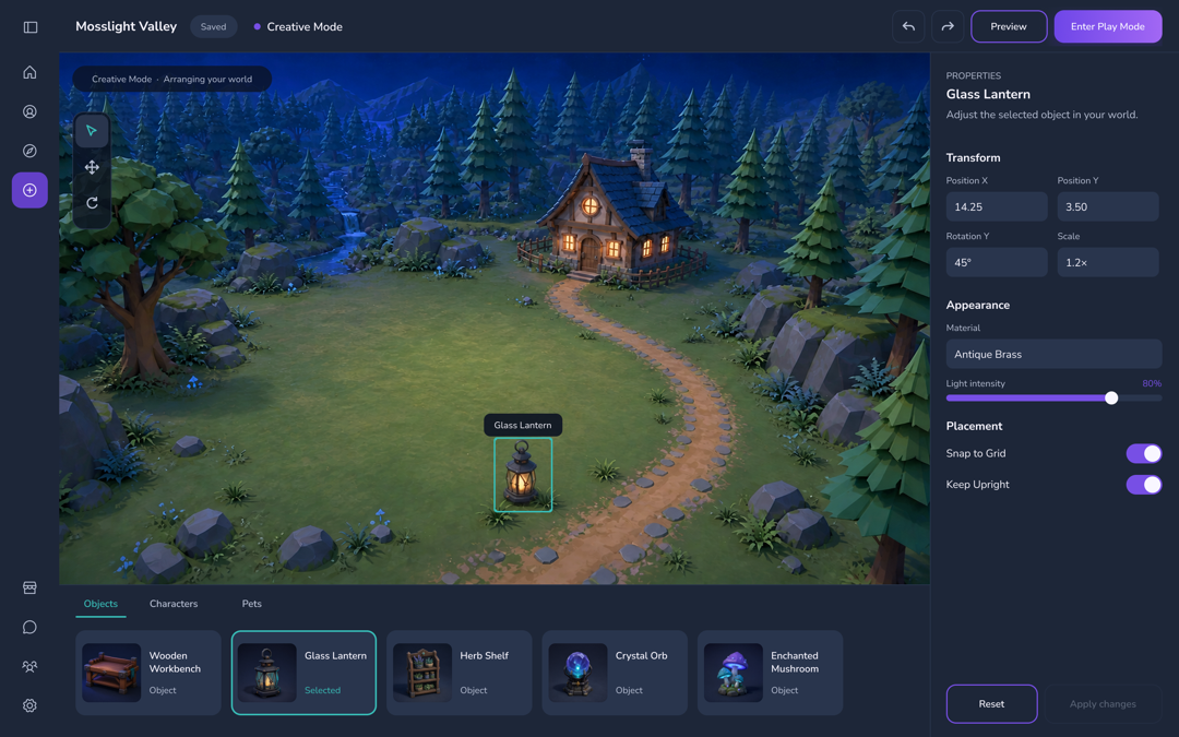 Integrated Creative Mode editor with viewport, asset library, and properties